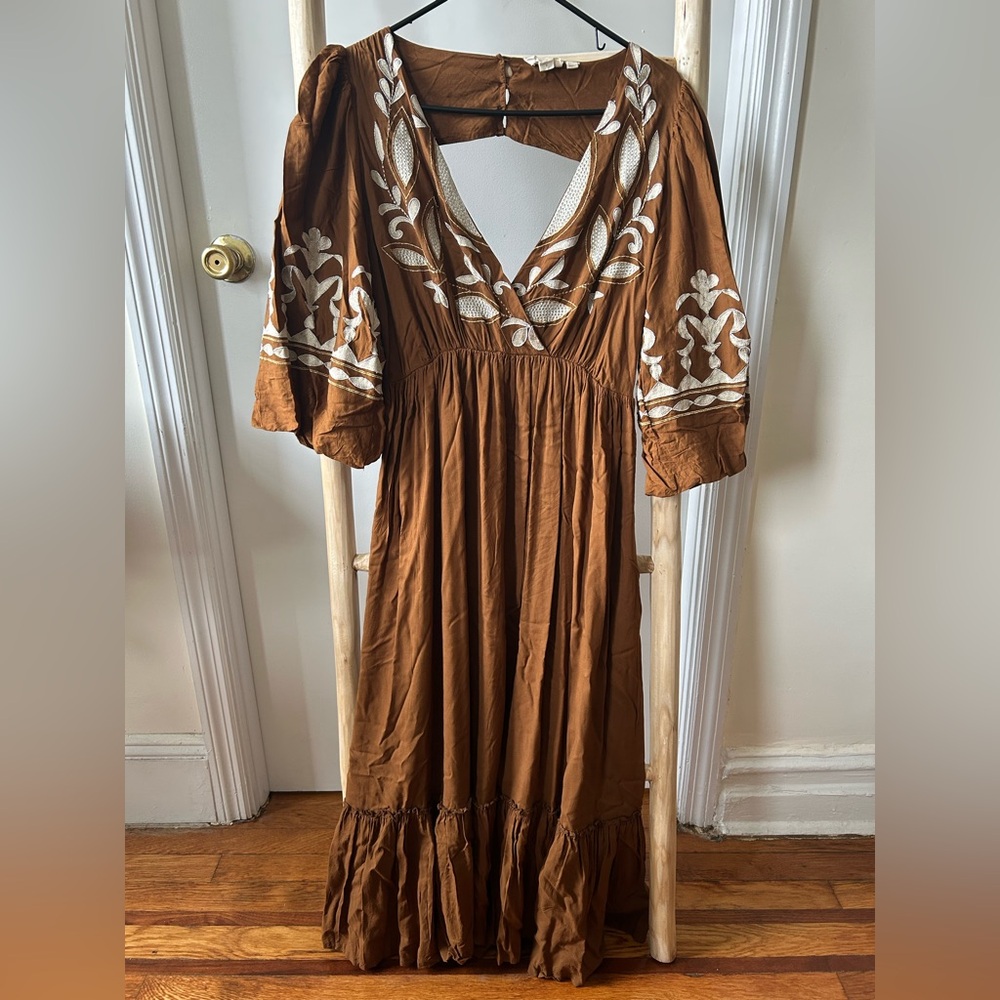 Embroidered Cognac Bohemian Dress